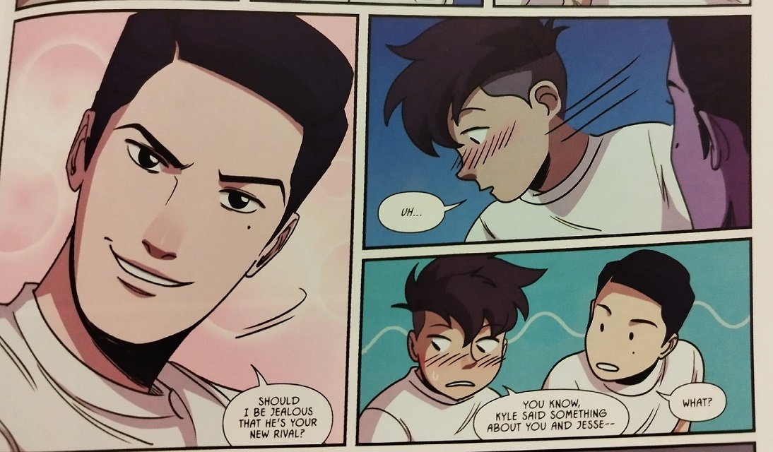 Fence rivals Three panels from the comic FENCE, volume 5. In the first, Seiji Katayama gives the viewer a roguish look, and says, Should I be jealous that he's your new rival? In the second, Nicholas Cox blushes and looks away, saying, Uh... In the final panel, still blushing, he says, You know, Kyle said something about you and Jesse... Seiji asks, What?