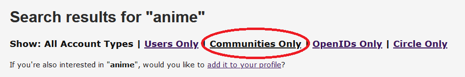 A screencap of the Interests page for anime, with the Communities Only option circled in red.